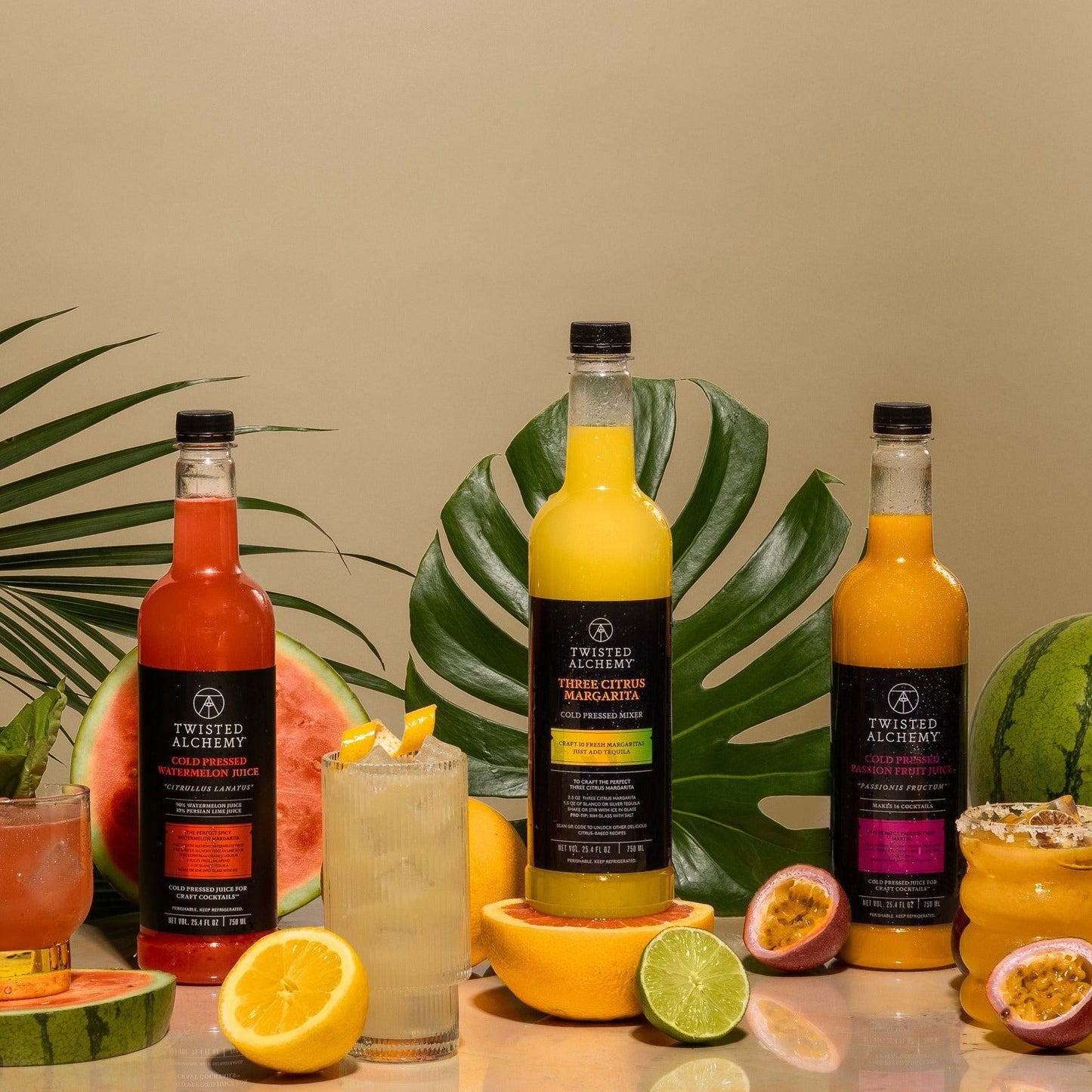3 bottles of juice with cocktails