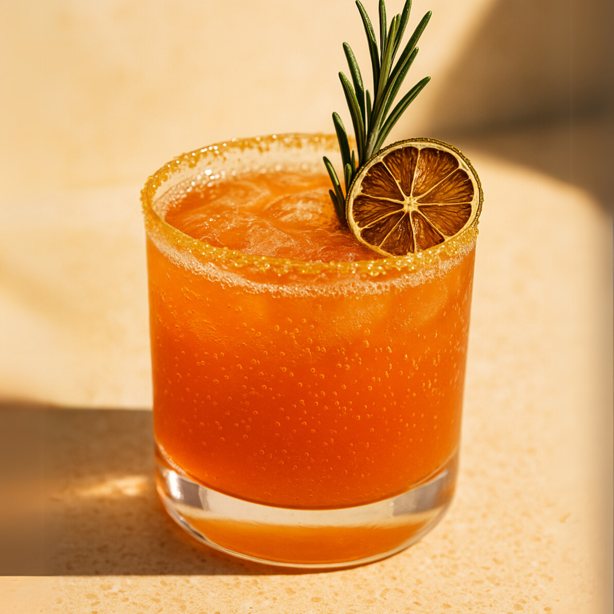 Orange cocktail with a garnish in a glass on a light background