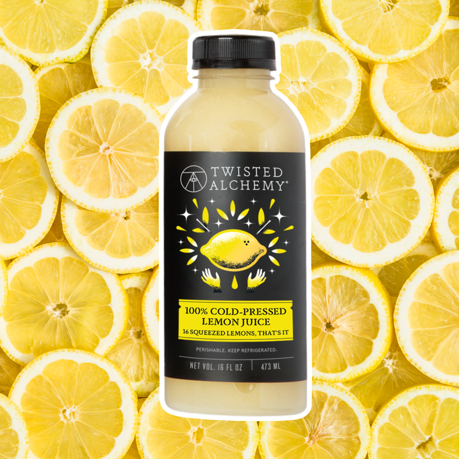 Bottle of Twisted Alchemy lemon juice with lemon slices in the background