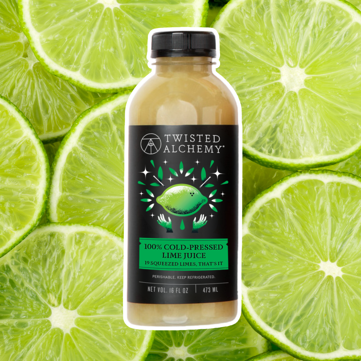 Bottle of Twisted Alchemy lime juice with lime slices in the background