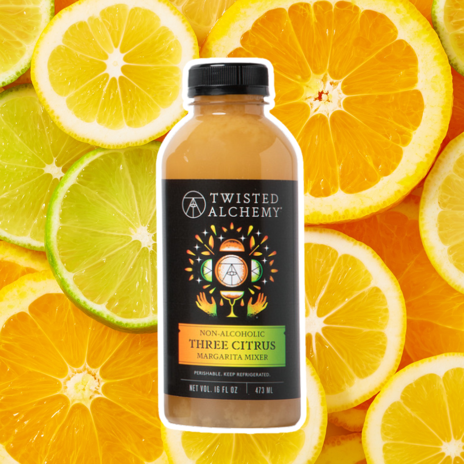 Twisted Alchemy Three Citrus Margarita Mixer bottle surrounded by sliced oranges and limes.