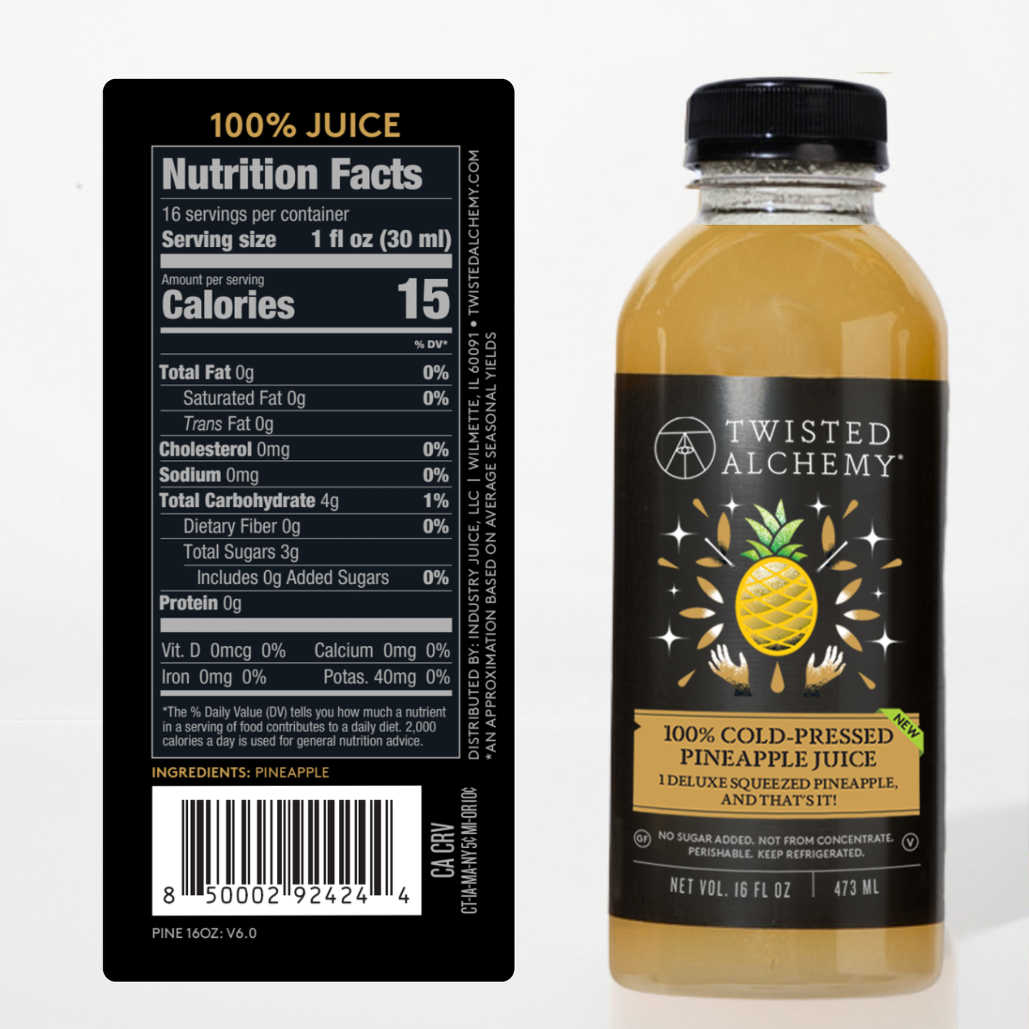 Twisted Alchemy pineapple juice bottle with nutrition facts label on a white background