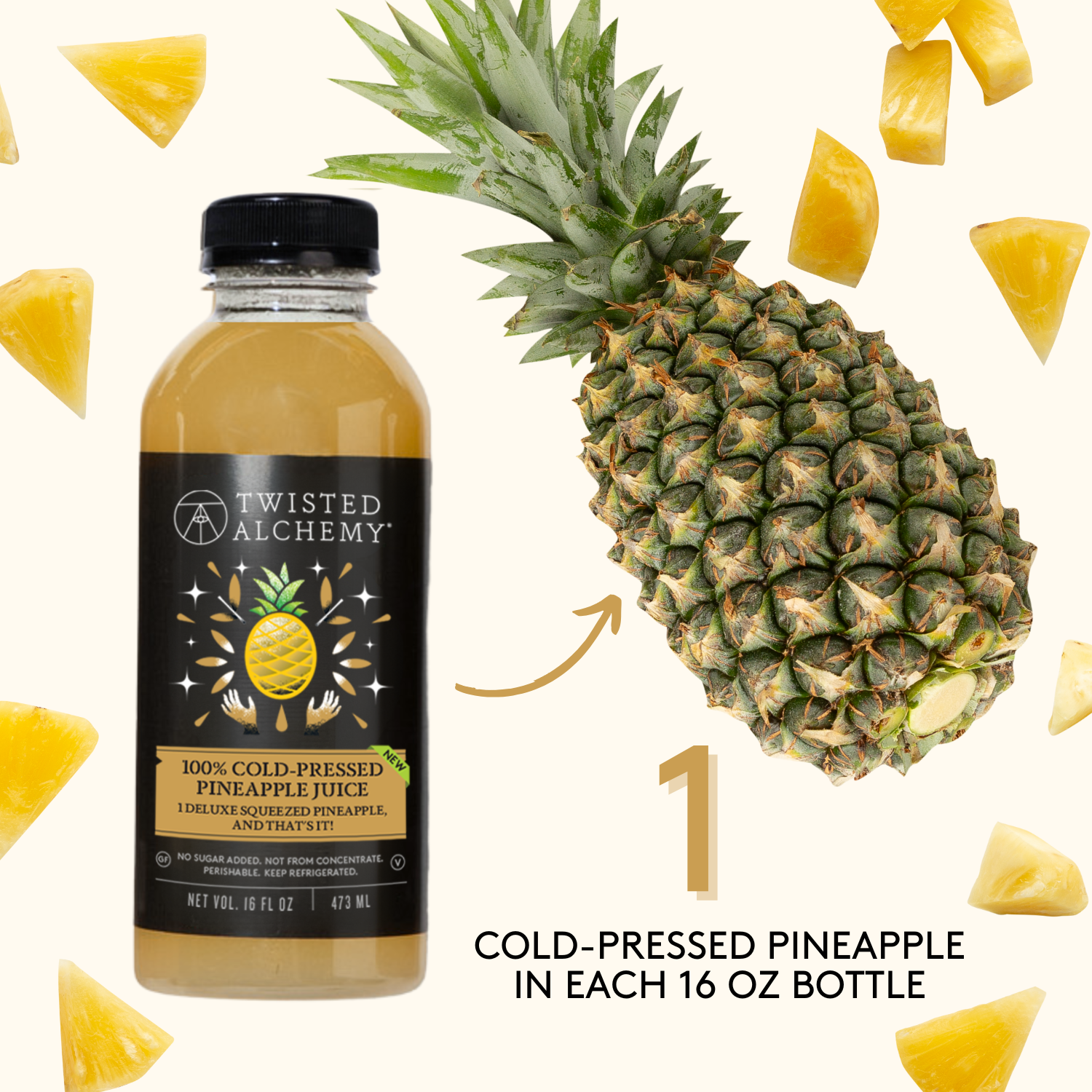 Twisted Alchemy cold-pressed pineapple juice bottle with a pineapple and juice slices on a white background
