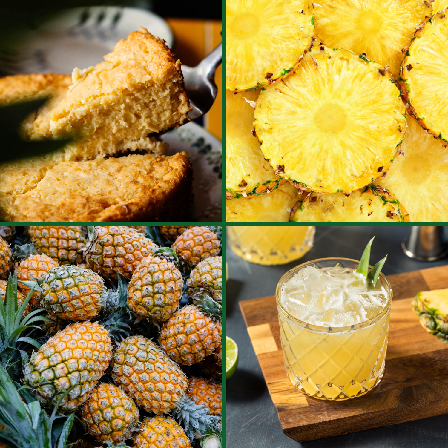 Collage of pineapple-themed images including bread, pineapple slices, and a cocktail.