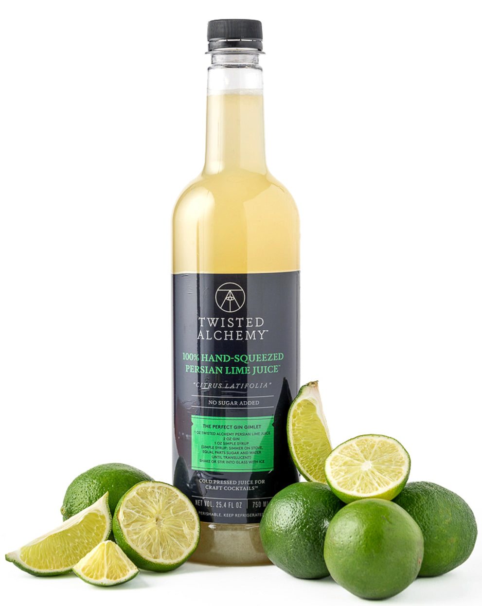 Bottle of Twisted Alchemy lime juice surrounded by limes