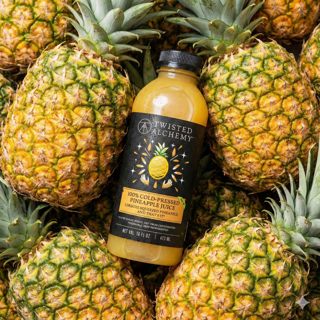 Pineapple juice bottle surrounded by pineapples 