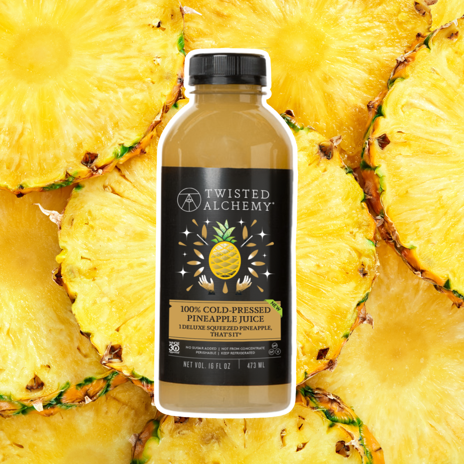 Bottle of Twisted Alchemy pineapple juice surrounded by pineapple slices
