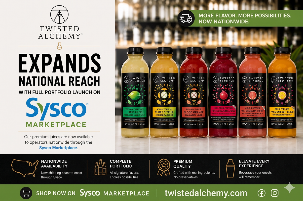 Advertisement for Twisted Alchemy juices expanding on Sysco Marketplace with product display.