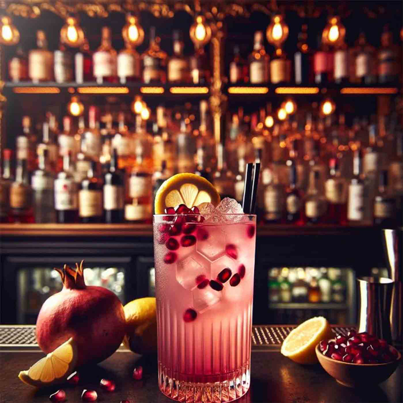 Pink cocktail with pomegranate seeds and lemon slices on a bar counter with bottles in the background.